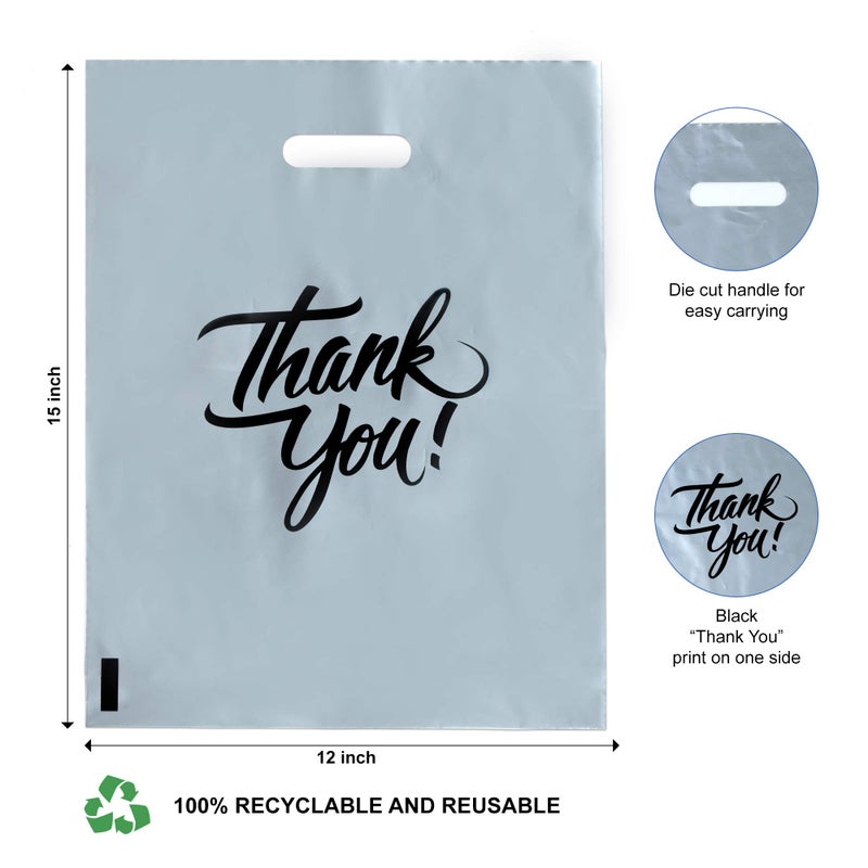 Infinite Pack 100Pcs Thank You Merchandise Bags, Extra Thick 2.35Mil 12"x15" Silver Retail Plastic Shopping Bags for Small Business Stores Boutique Clothes, Reusable Gift Bags Plastic Bags with Handle - Image 2